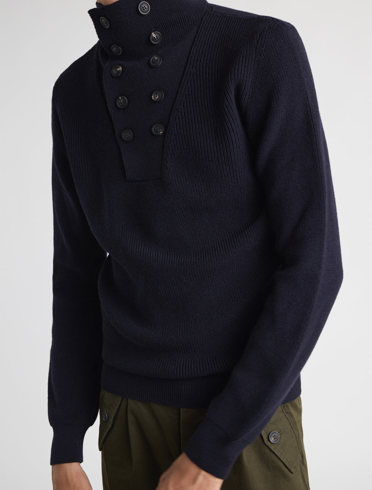 Milon b knitted high neck mens sweater button fastening navy 2