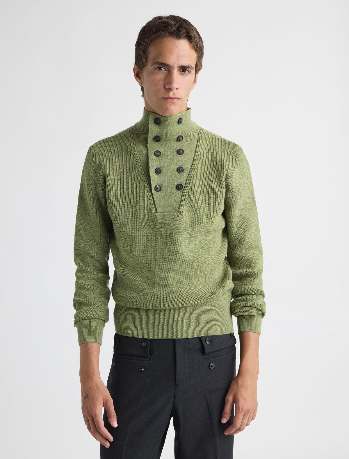Milon b knitted high neck mens sweater button fastening green