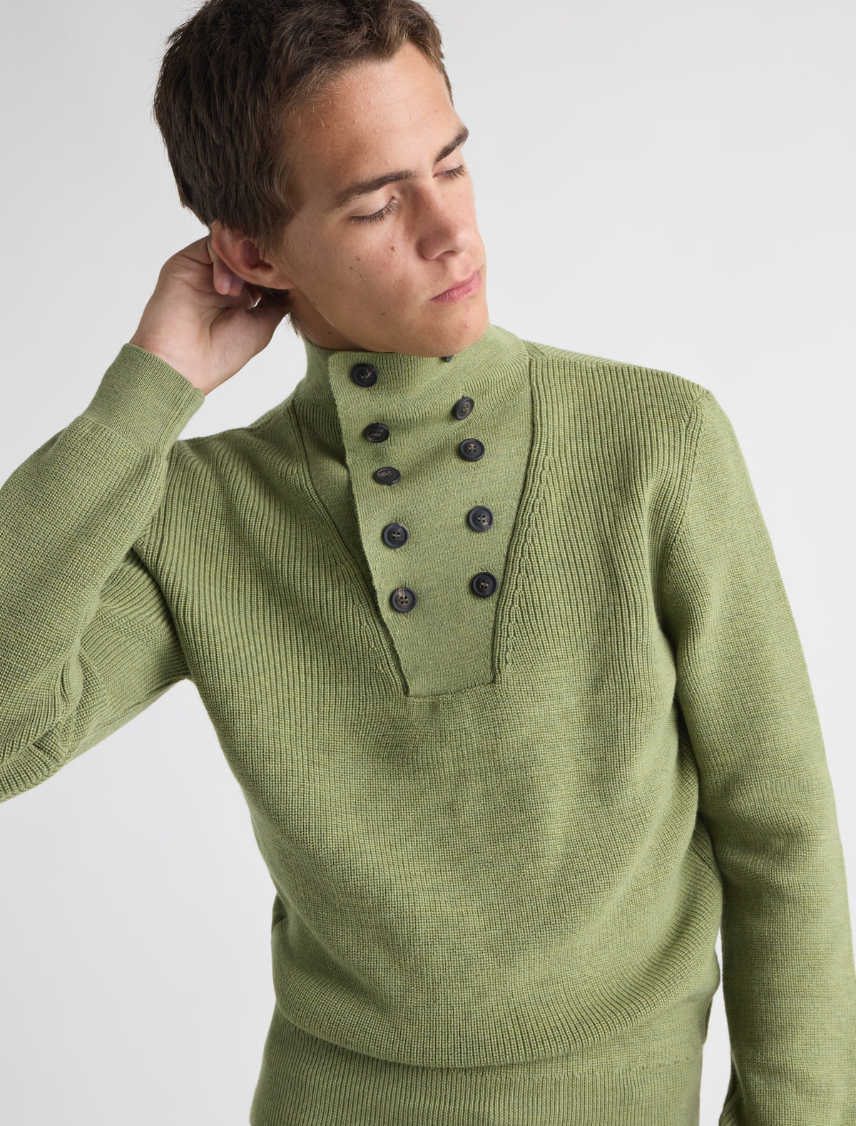 Milon b knitted high neck mens sweater button fastening green