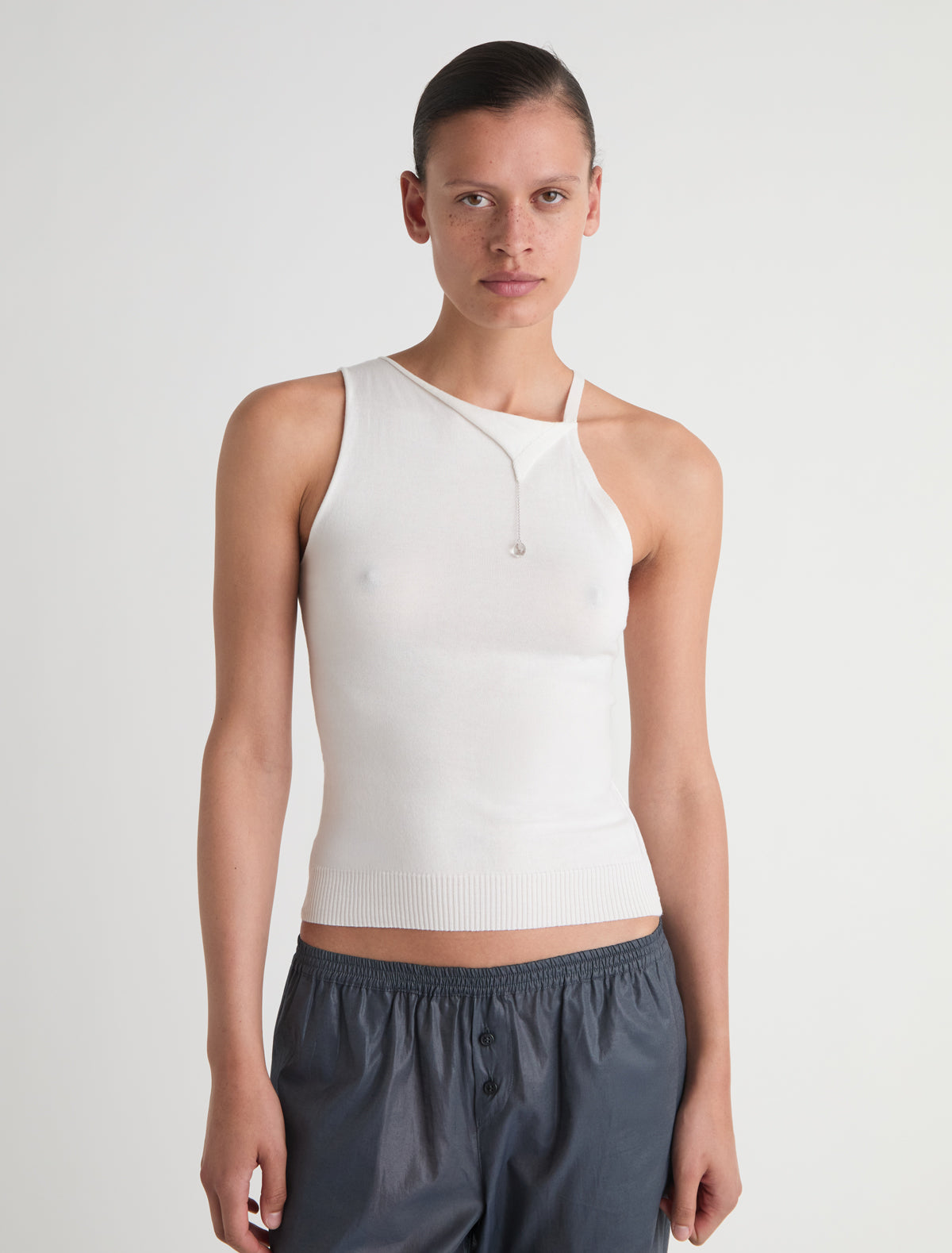 Lani sleeveless knit top chain detail handmade murano glass piece white