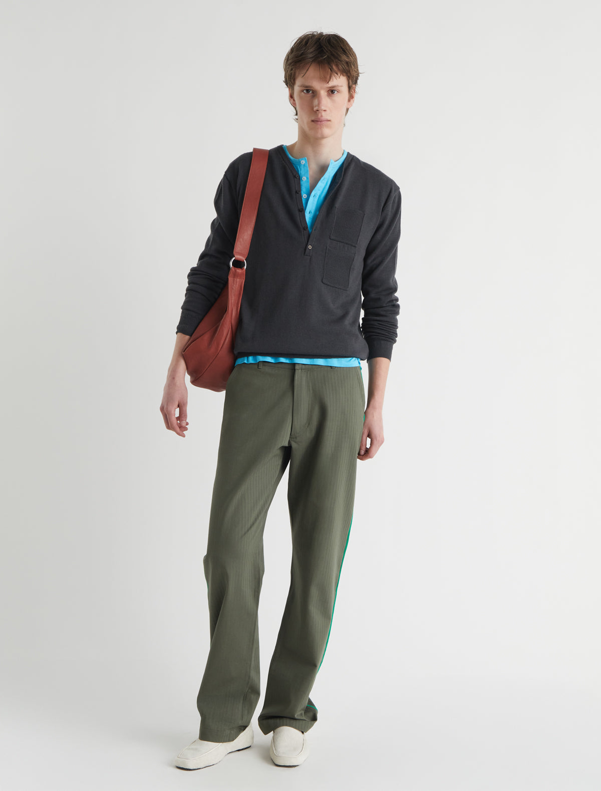 Mario v neck wool sweater front placket pocket detailing