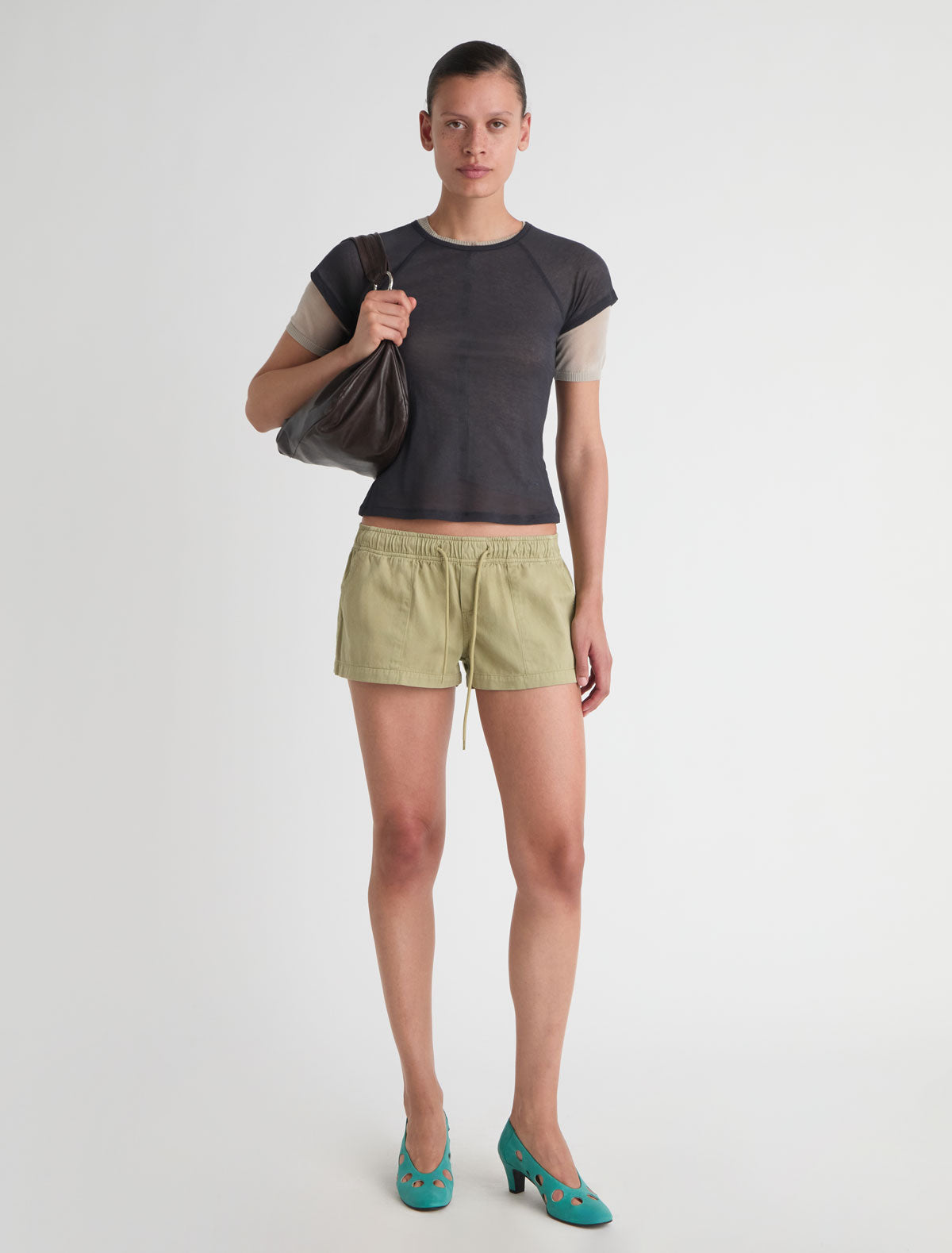 Mini mau mini shorts elasticated waistband adjustable drawstring khaki