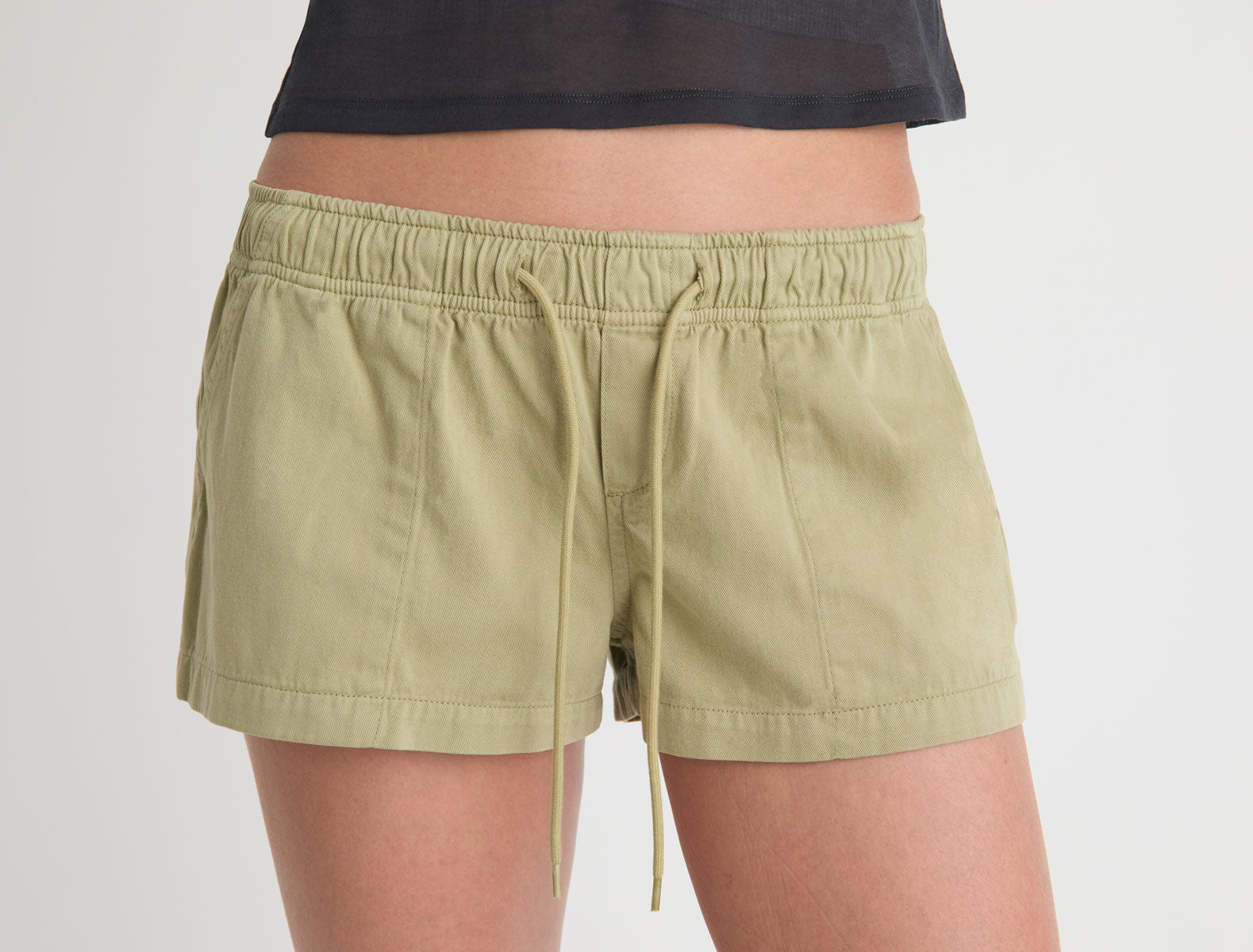 Mini mau mini shorts elasticated waistband adjustable drawstring khaki