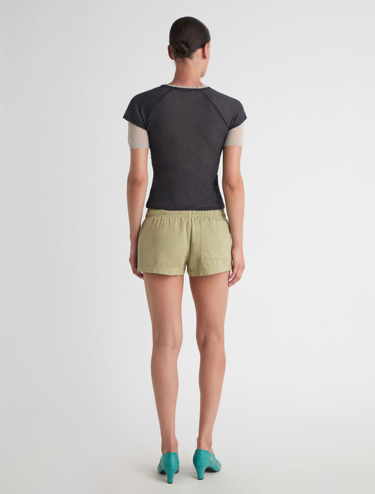 Mini mau mini shorts elasticated waistband adjustable drawstring khaki