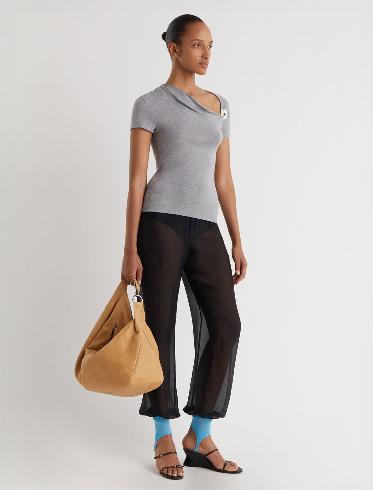 Mire short sleeve top draped neckline hook and eye closure grey