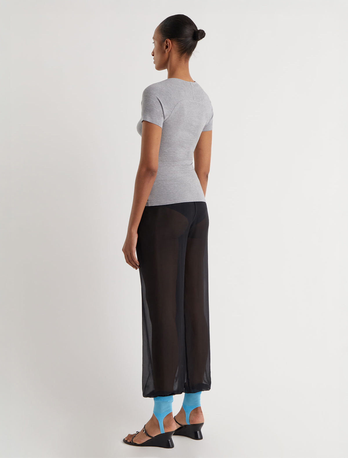 Mire short sleeve top draped neckline hook and eye closure grey