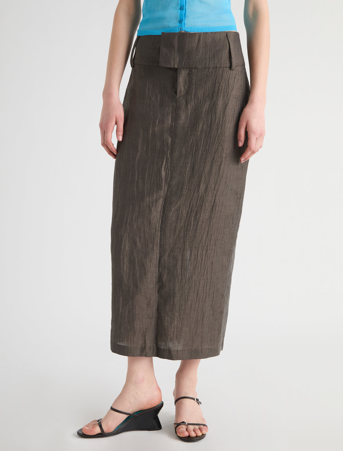Movi long pencil skirt wide waistband hook and eye closure long belt loops brown