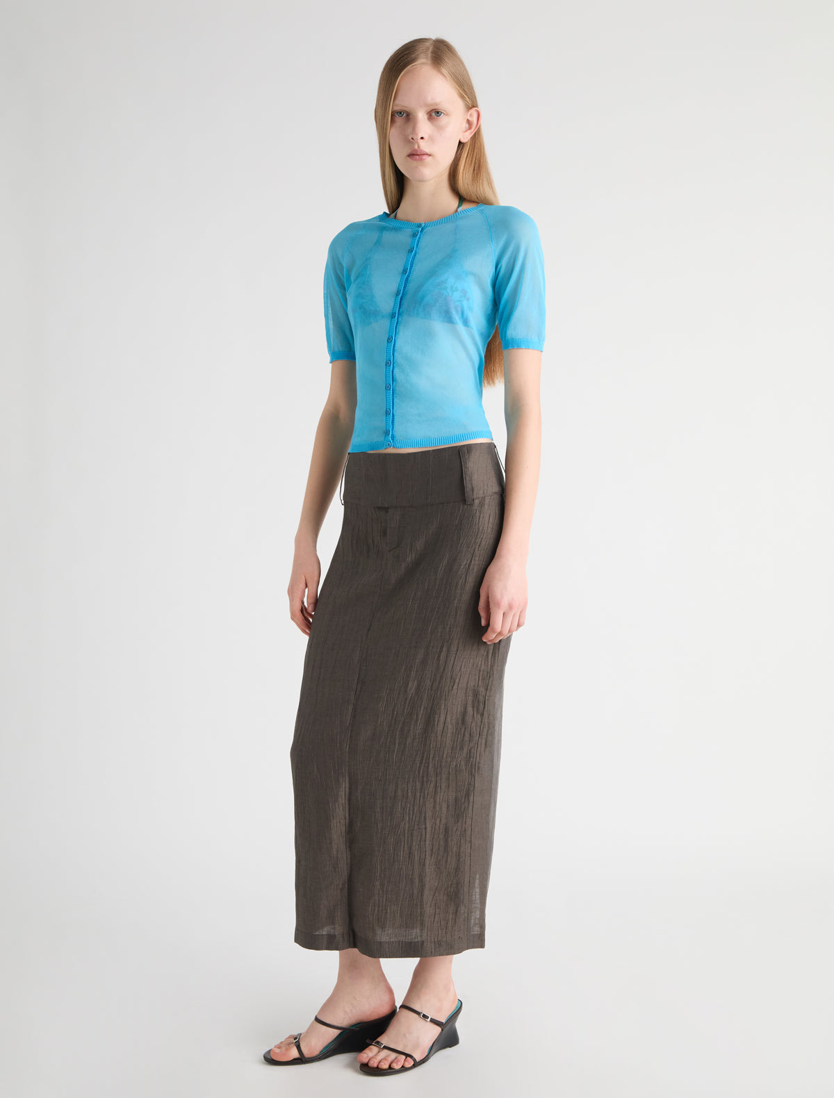 Movi long pencil skirt wide waistband hook and eye closure long belt loops brown