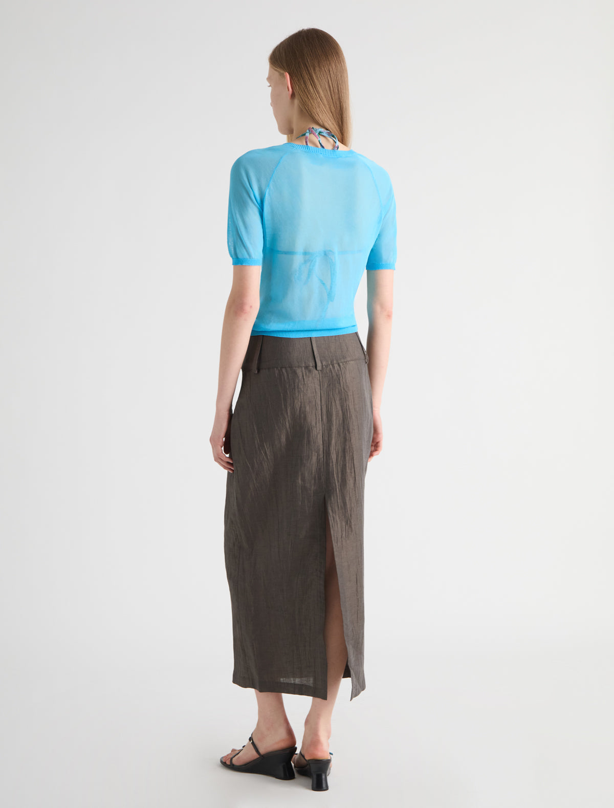 Movi long pencil skirt wide waistband hook and eye closure long belt loops brown