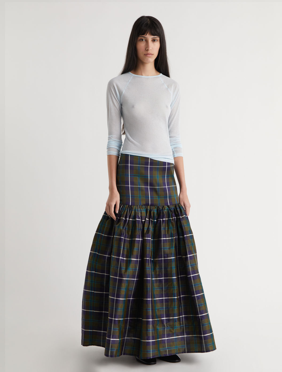 Oldy checked silk skirt puffy silhouette navy