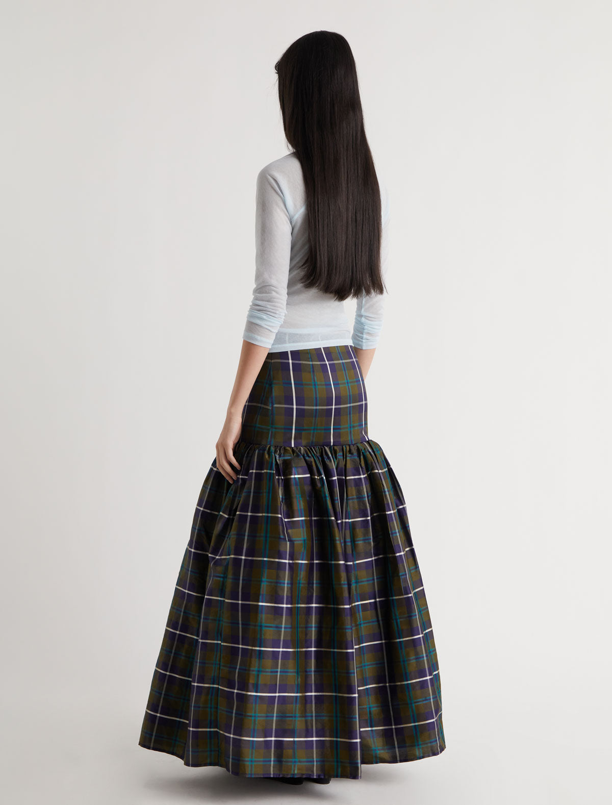 Oldy checked silk skirt puffy silhouette navy