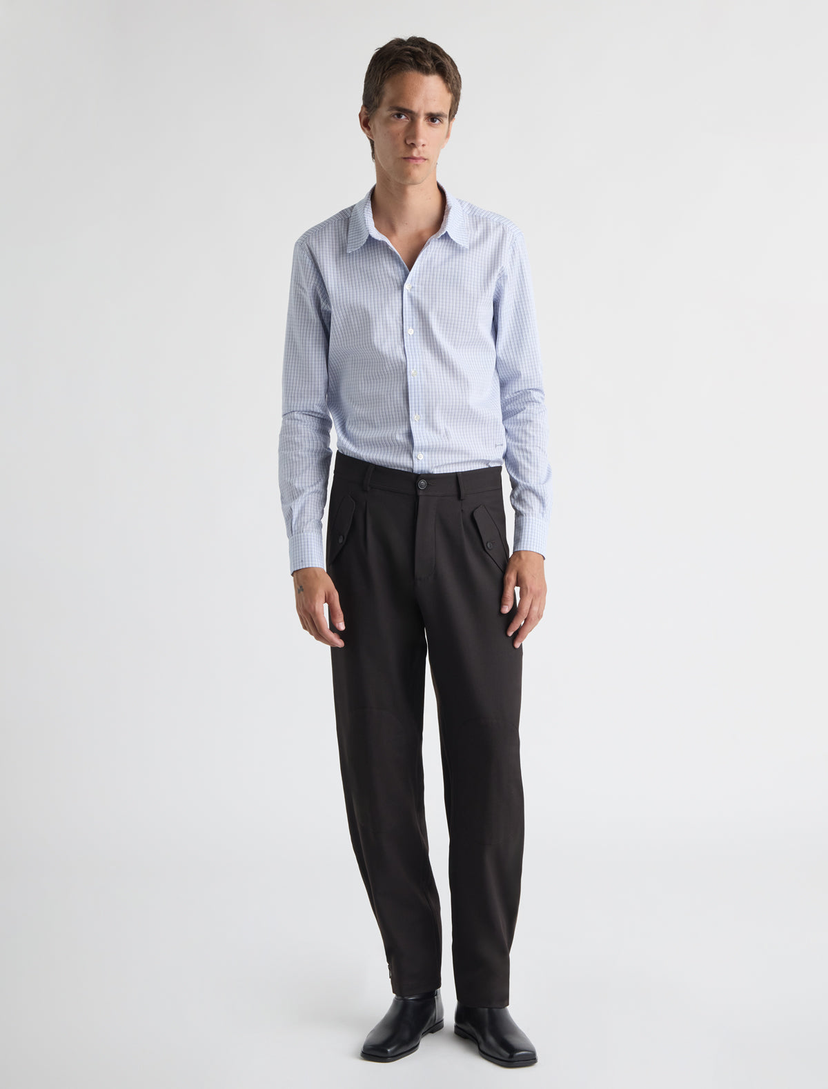 Figma b suit mens trousers rounded shape flap pockets stitched knee panels