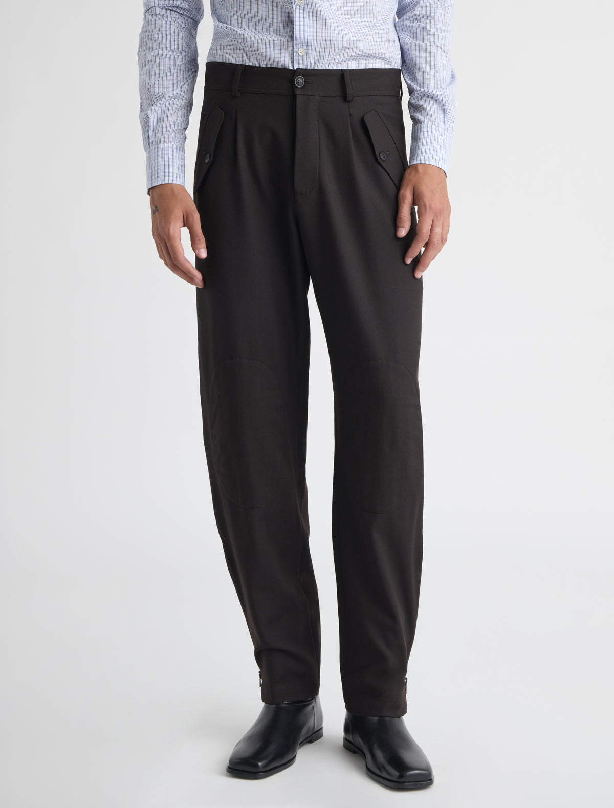 Figma b suit mens trousers rounded shape flap pockets stitched knee panels