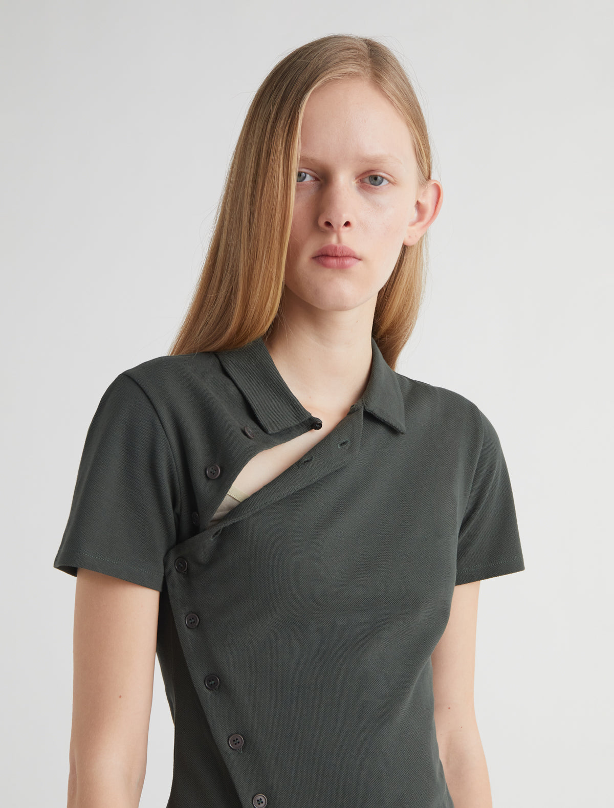 Nico short sleeved asymmetric buttoned top khaki