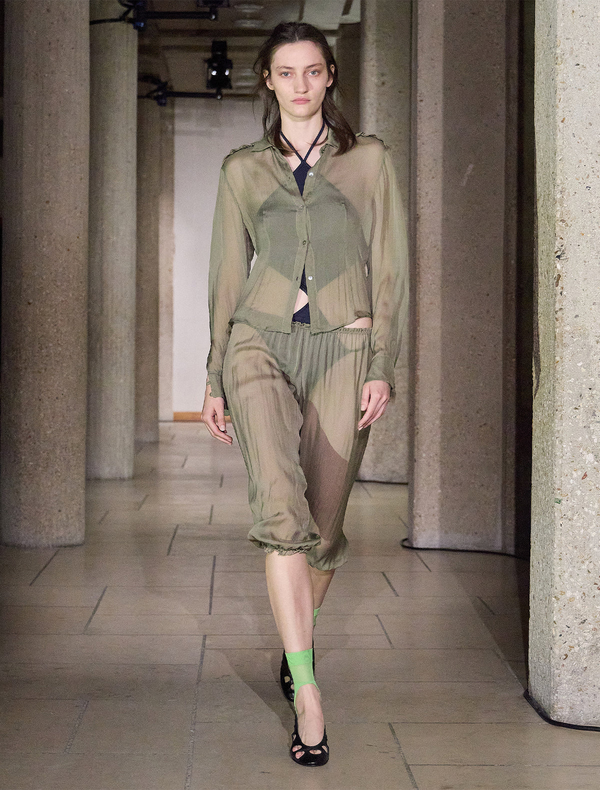 Short weza delicate sheer harem capri silk pants khaki