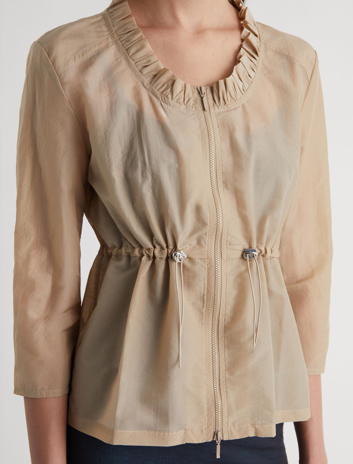 Raso slightly sheer silk nylon jacket elbow length sleeves adjustable drawstring