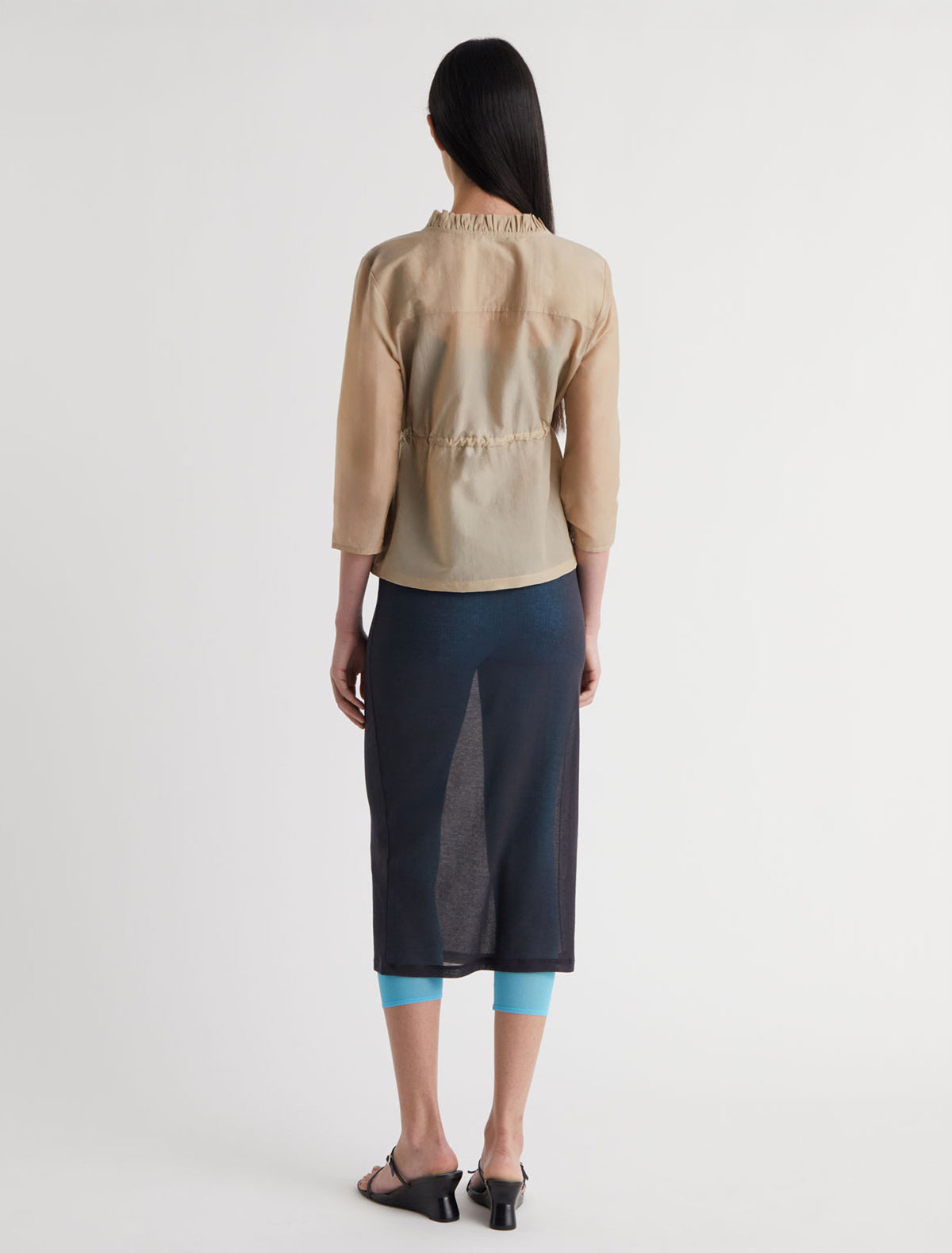 Raso slightly sheer silk nylon jacket elbow length sleeves adjustable drawstring