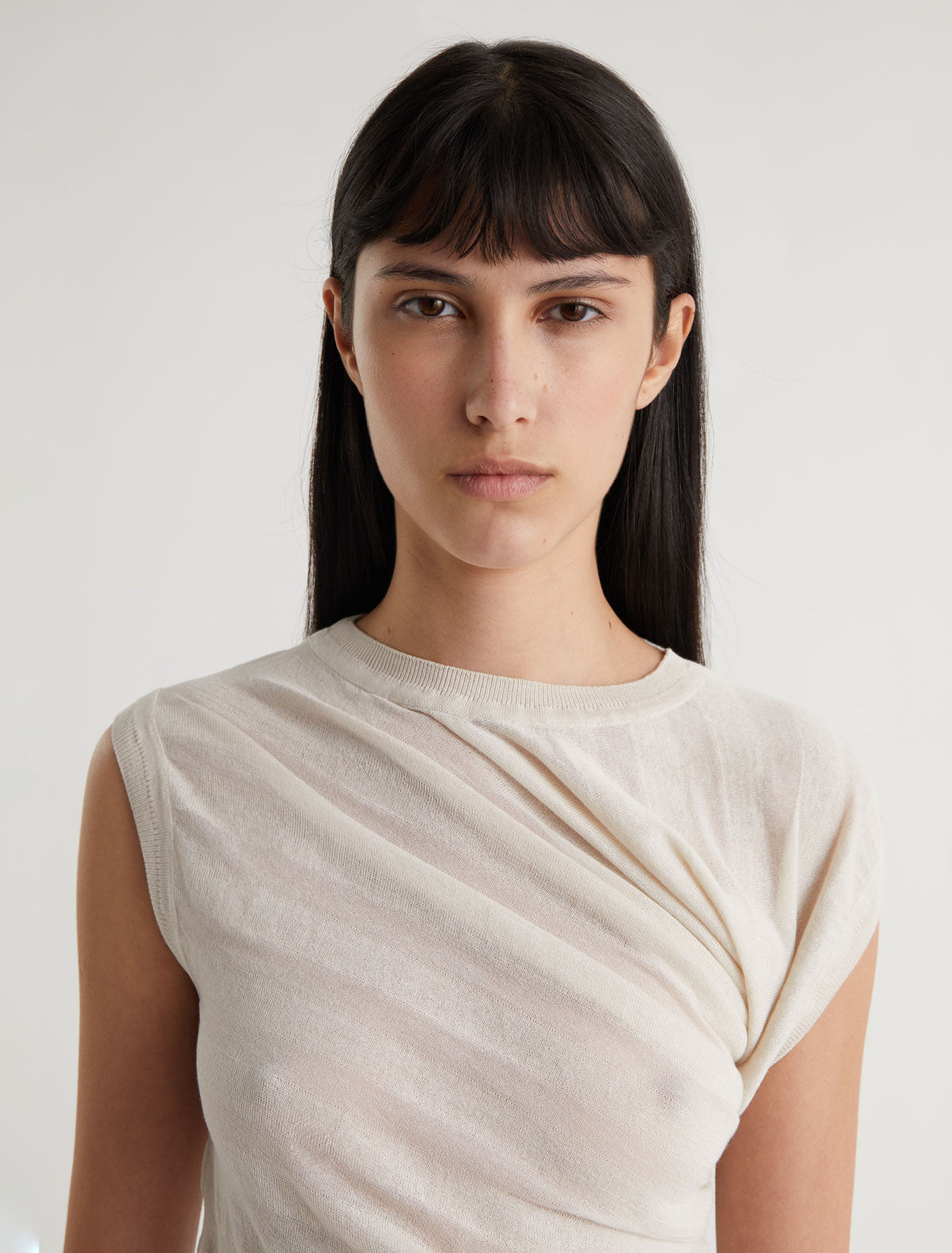 Raven asymmetric draped top striped effect knit offwhite