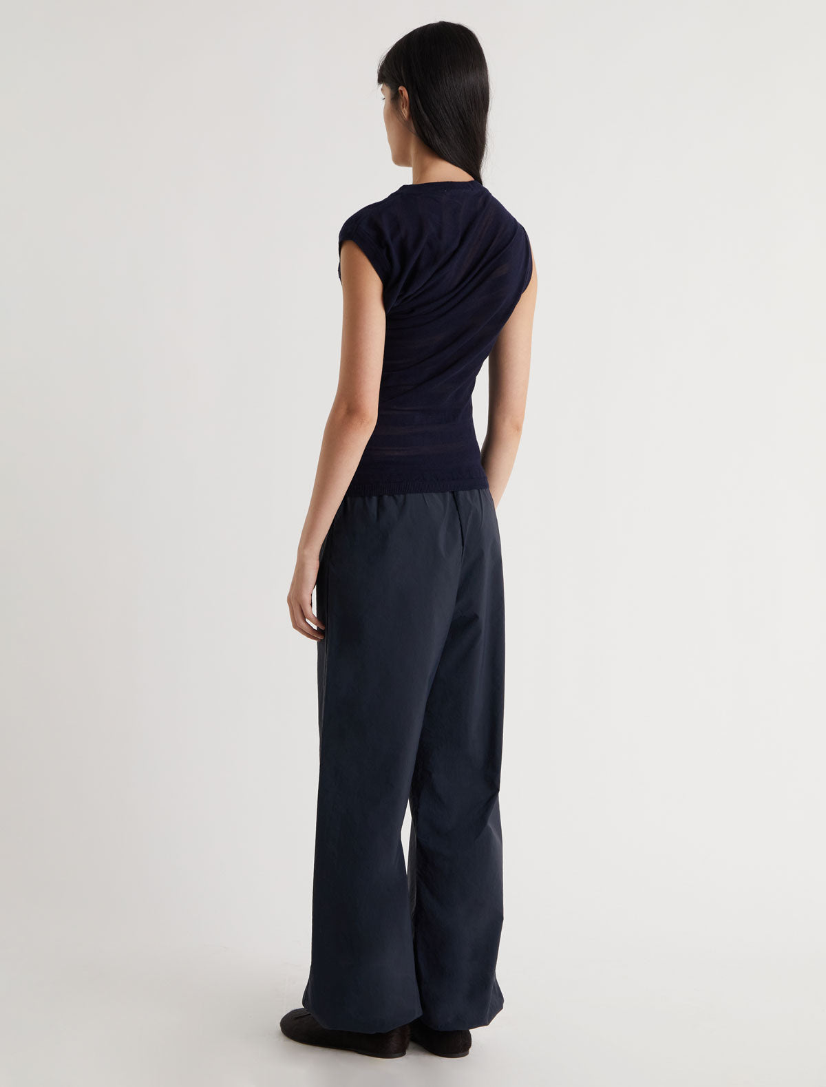 Raven asymmetric draped top striped effect knit navy