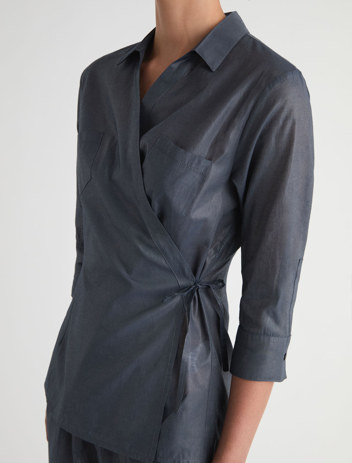 Ricer elbow length sleeve wrap shirt front pockets navy