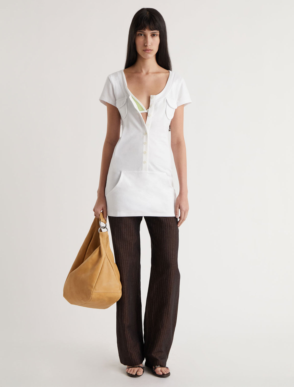 Rodondo short sleeve dress round neckline kangaroo style pocket