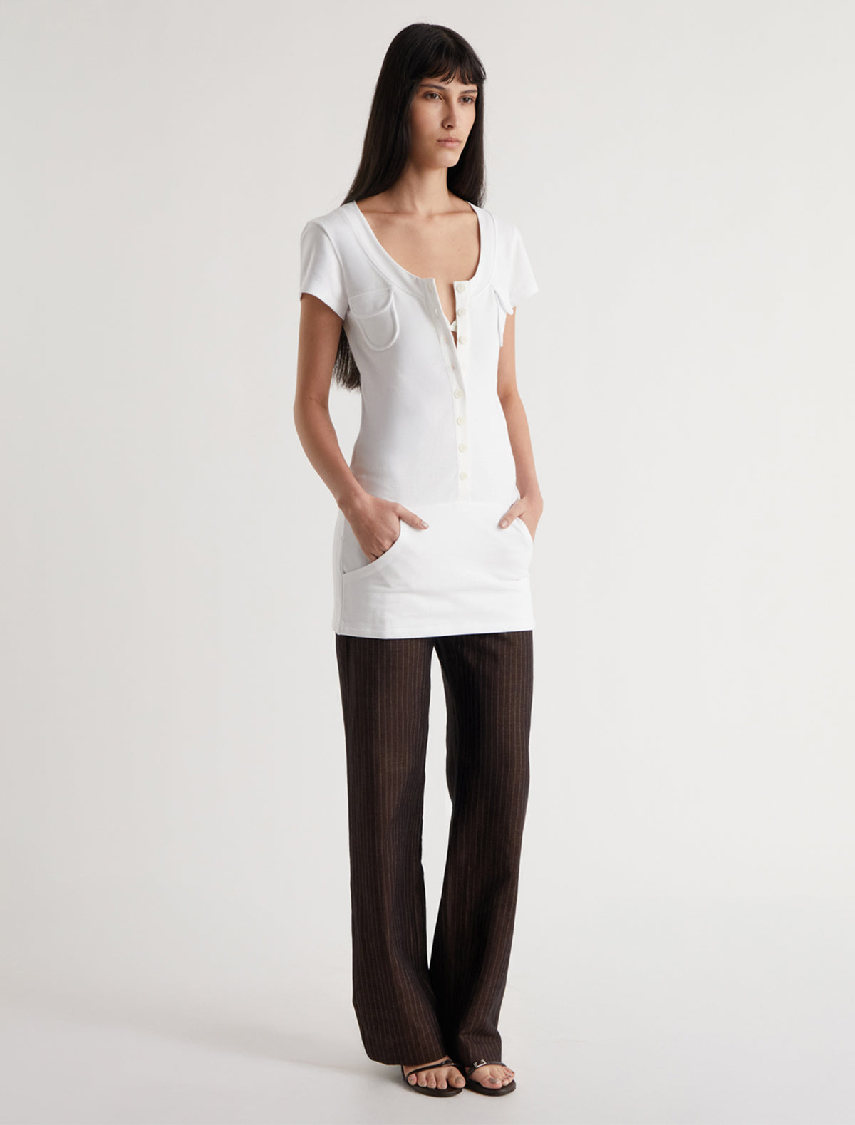 Rodondo short sleeve dress round neckline kangaroo style pocket