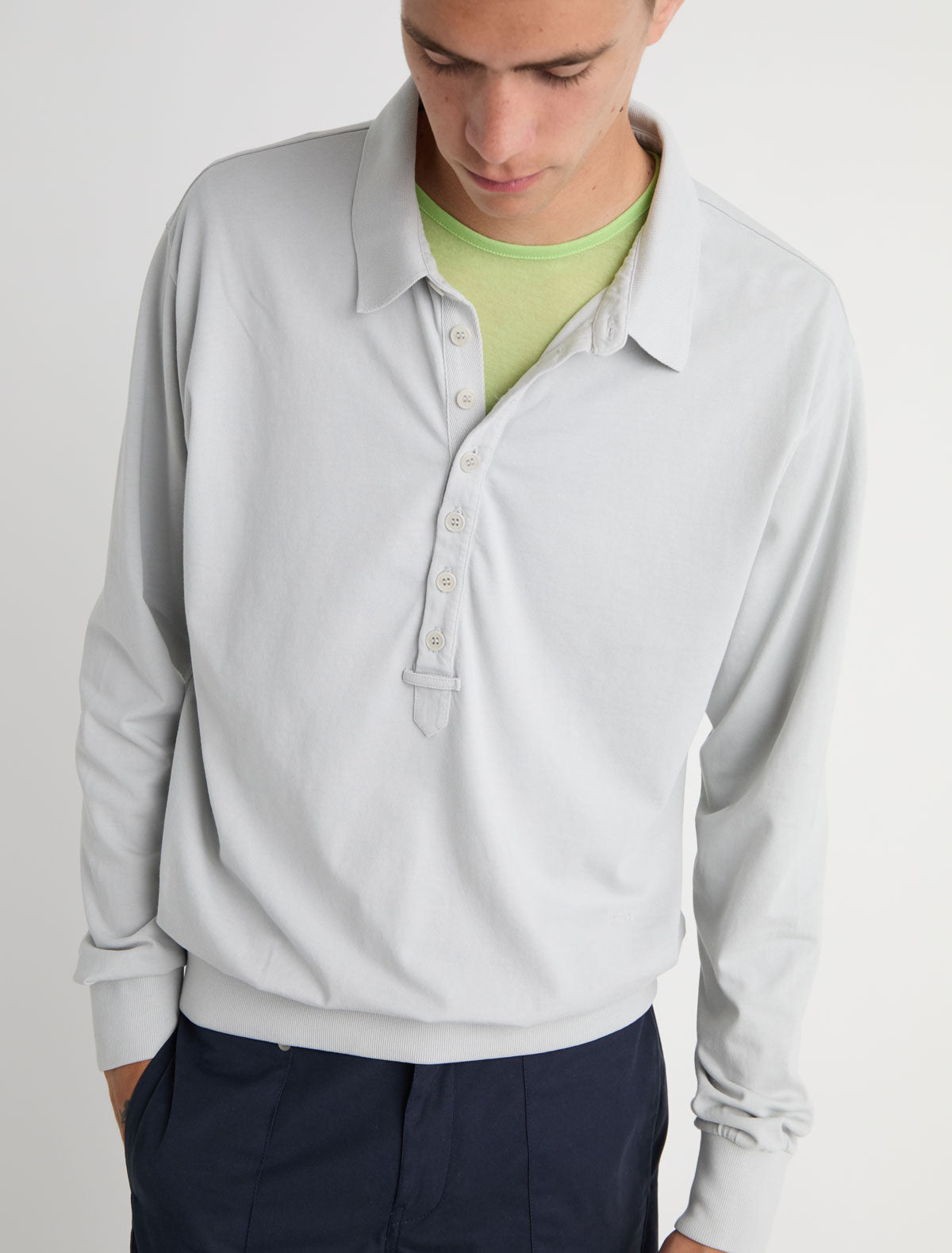 Romi long sleeve polo shirt extended placket ribbed cuffs hem