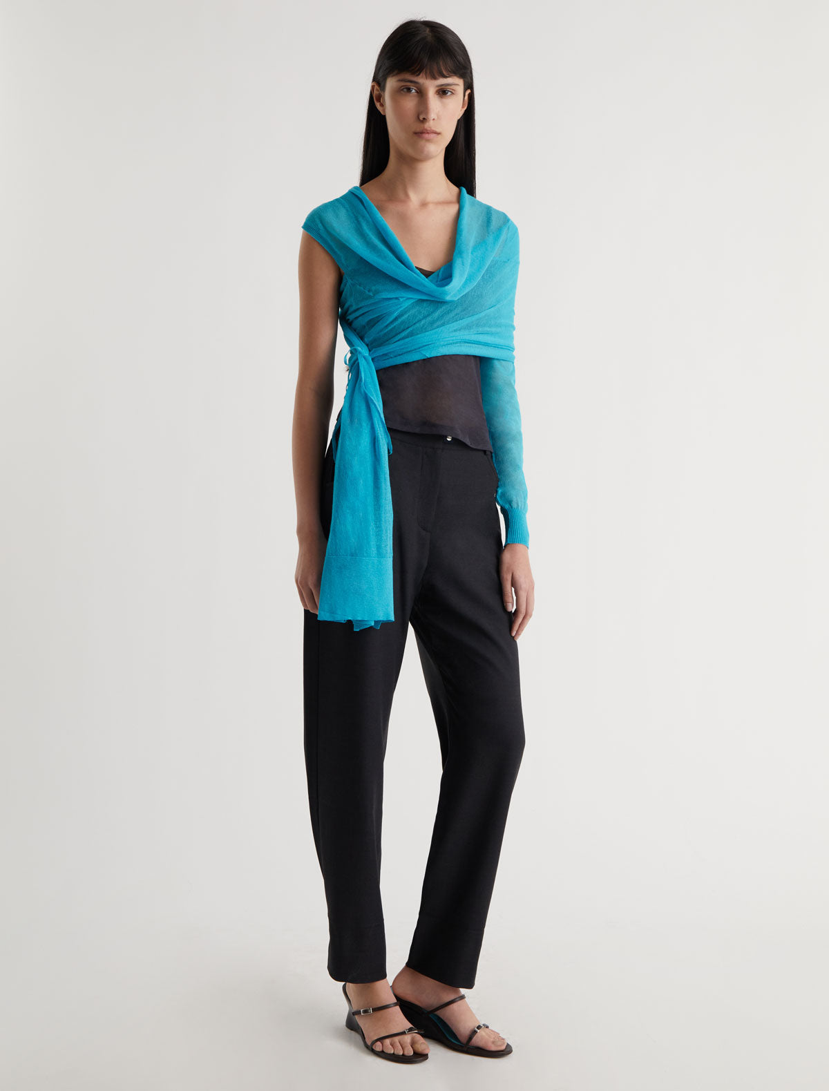 Samira wrap style knit top asymmetric design blue