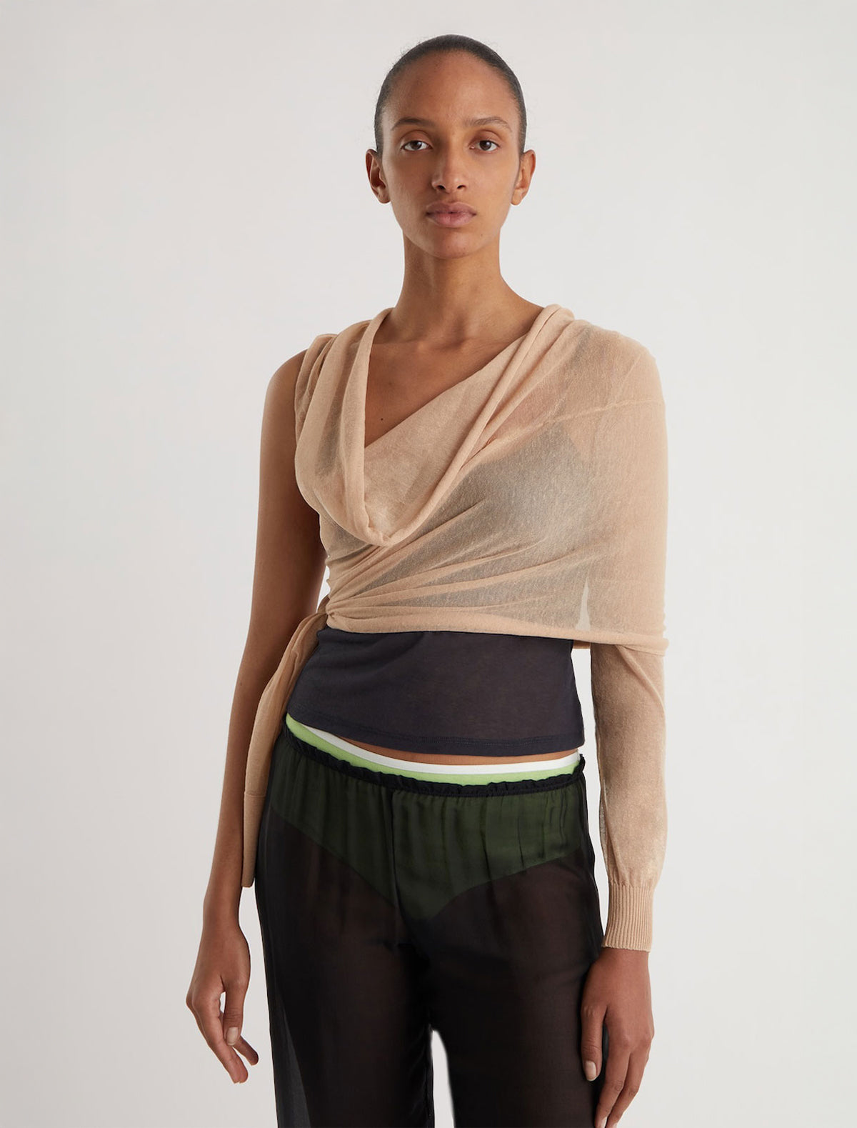 Samira wrap style knit top asymmetric design beige