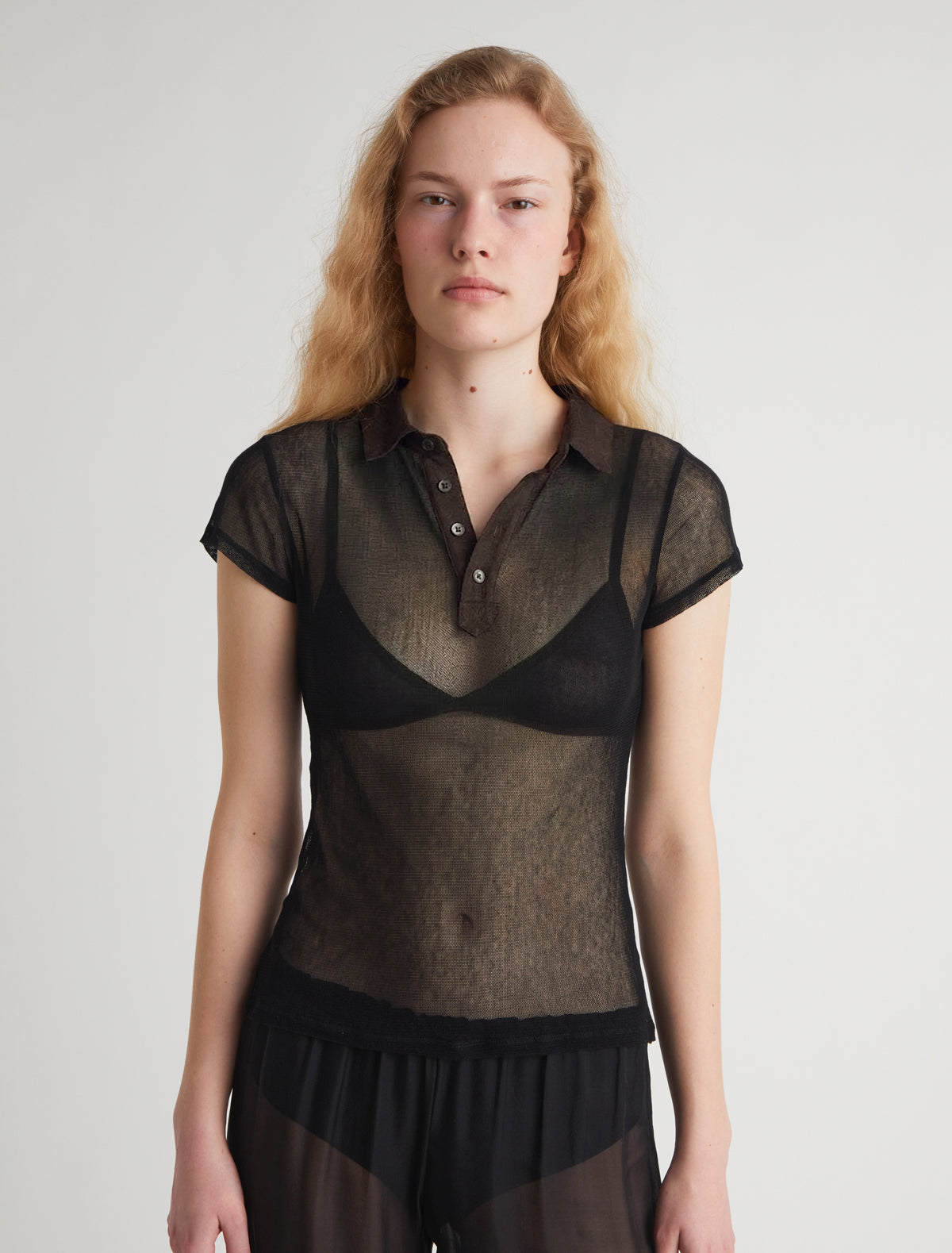 Sile ii short sleeve tulle top shirt collar linen placket black
