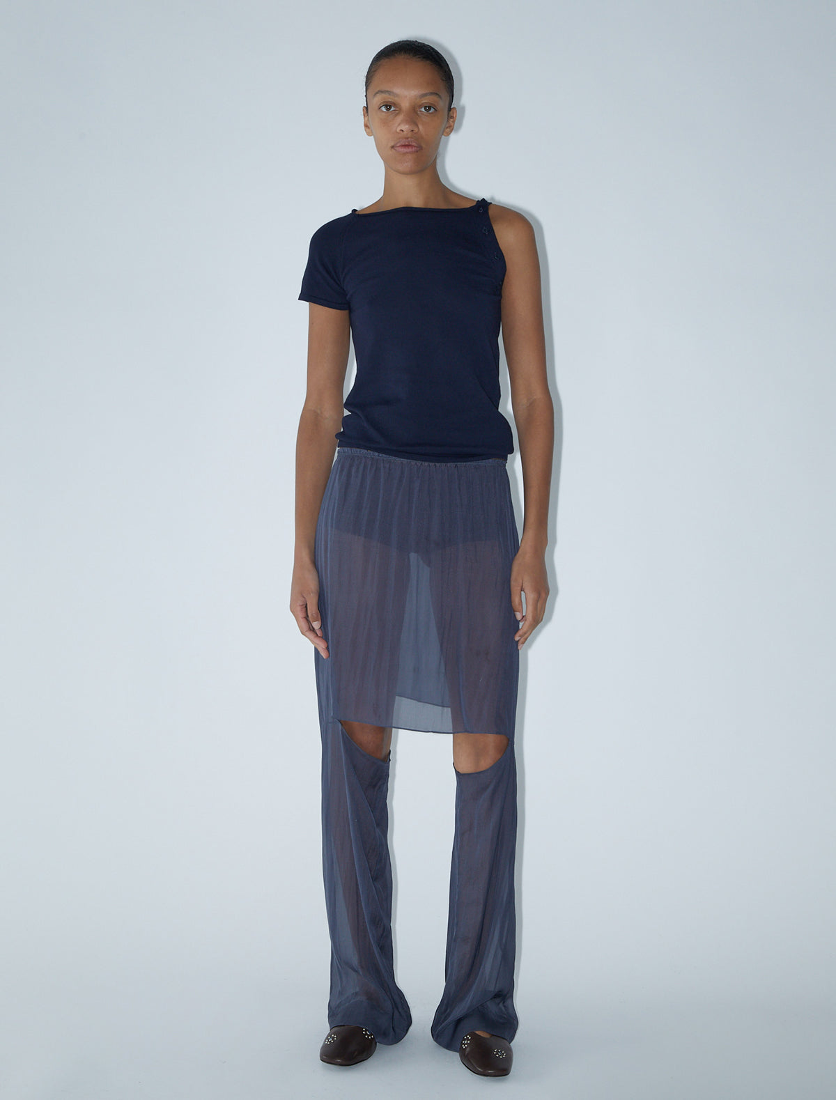 Silk simonetta flowy silk skirt hem opening pants navy