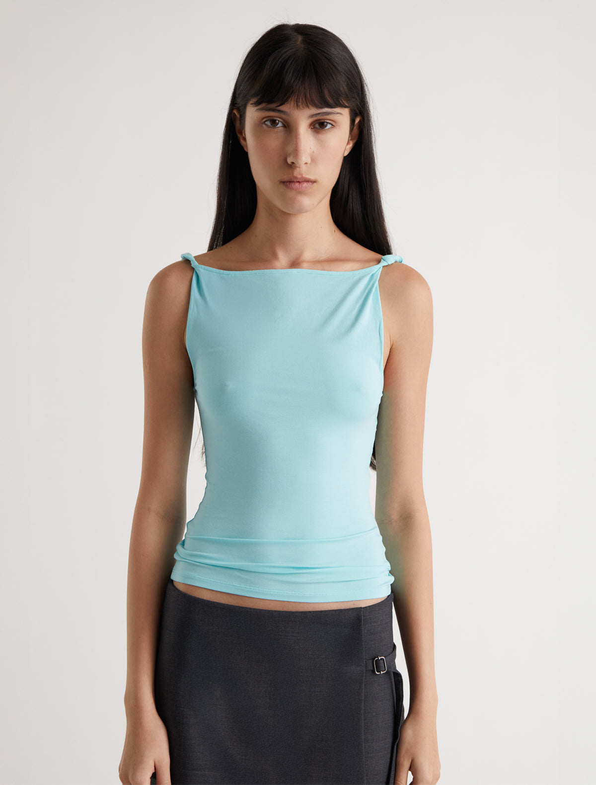 Simp sleeveless top twisted shoulder details lightblue