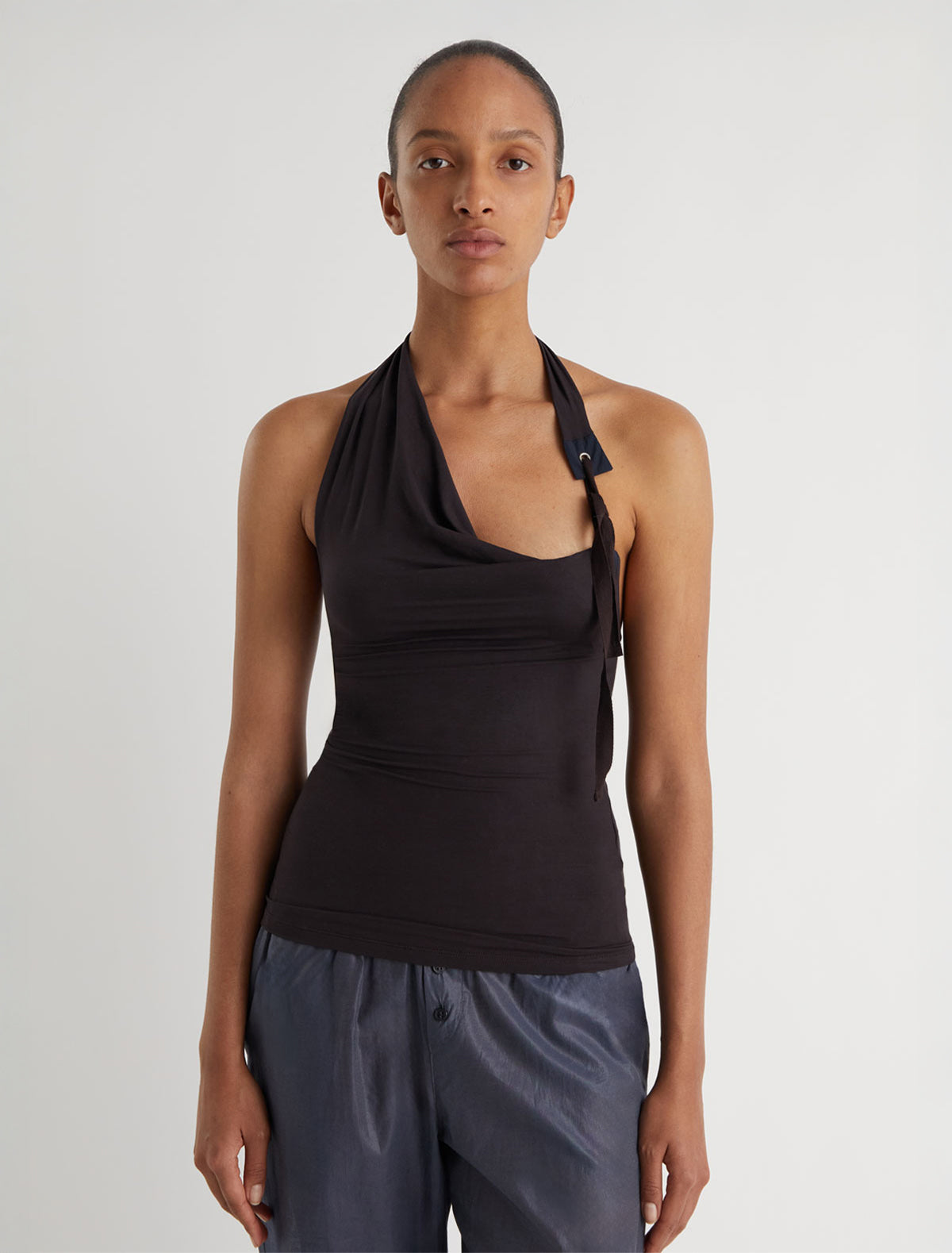 Simulet halter top patch detail eyelet adjustable strap brown