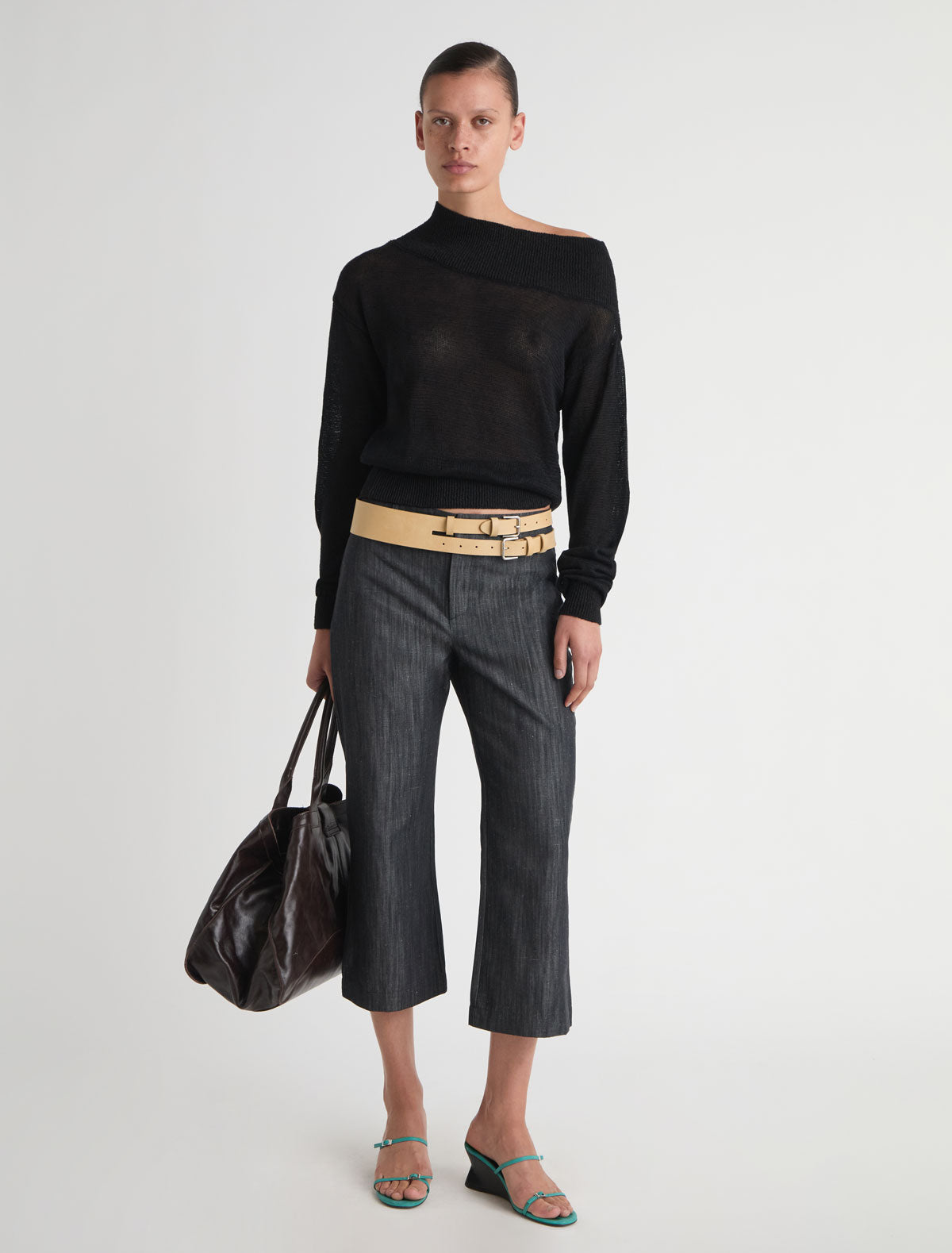Soto long sleeve hemp knit sweater dropped asymmetric neckline black
