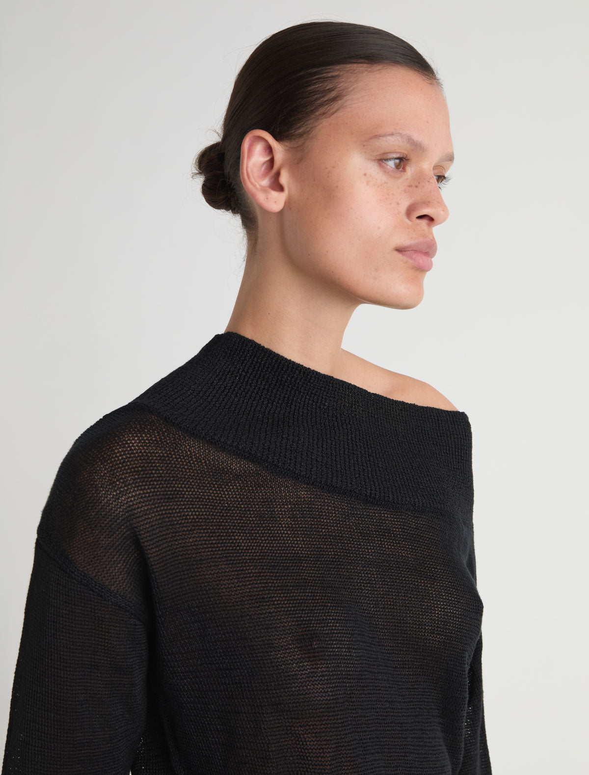 Soto long sleeve hemp knit sweater dropped asymmetric neckline black