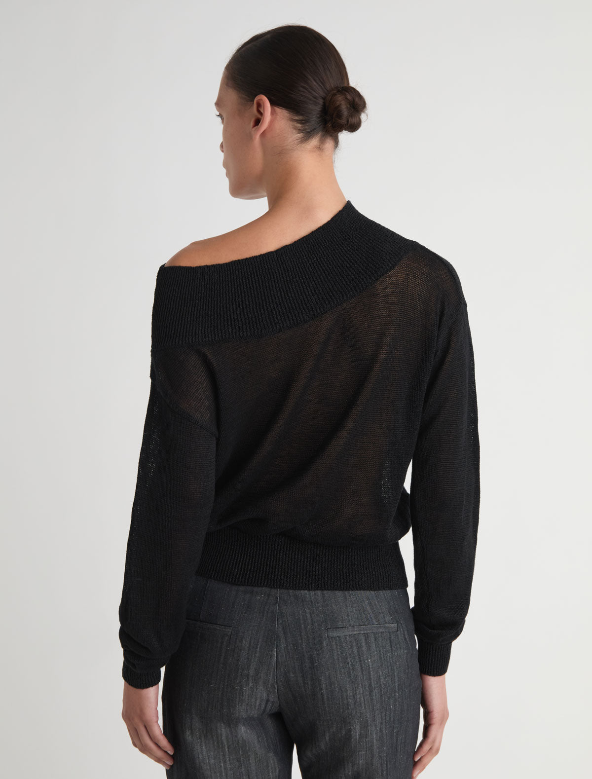 Soto long sleeve hemp knit sweater dropped asymmetric neckline black