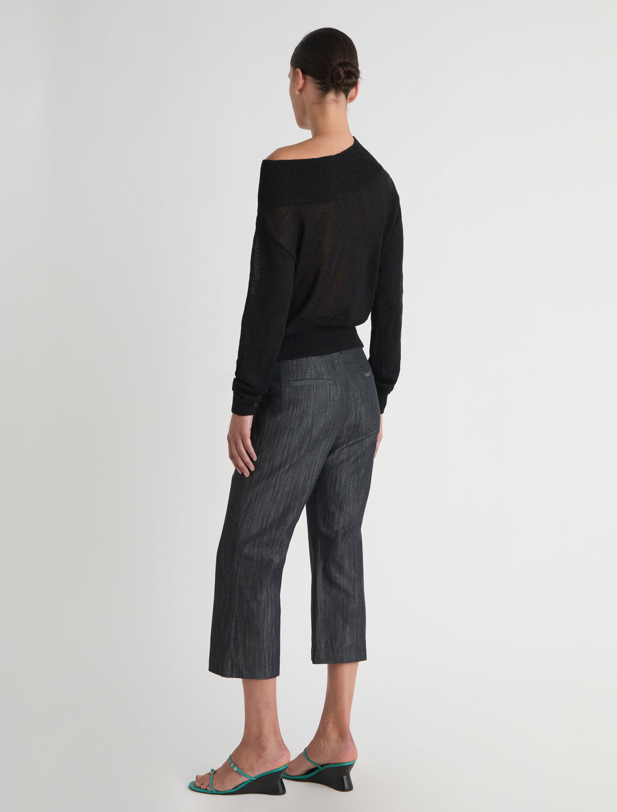 Soto long sleeve hemp knit sweater dropped asymmetric neckline black