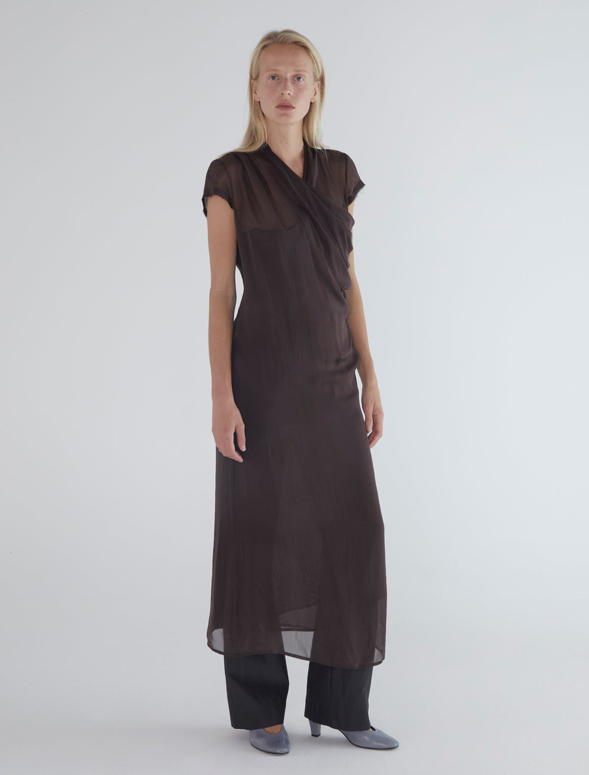 Sully long silk dress crossover neckline brown
