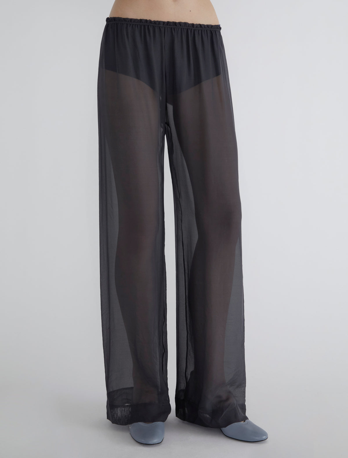 Tooly long silk trousers wide hem gathered effect grey