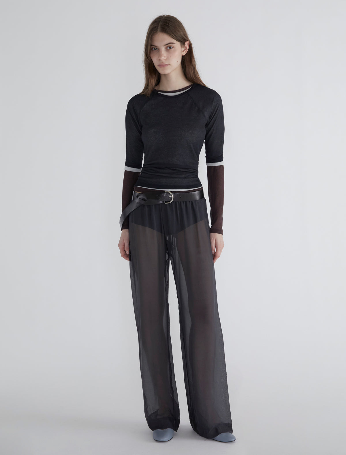 Tooly long silk trousers wide hem gathered effect grey
