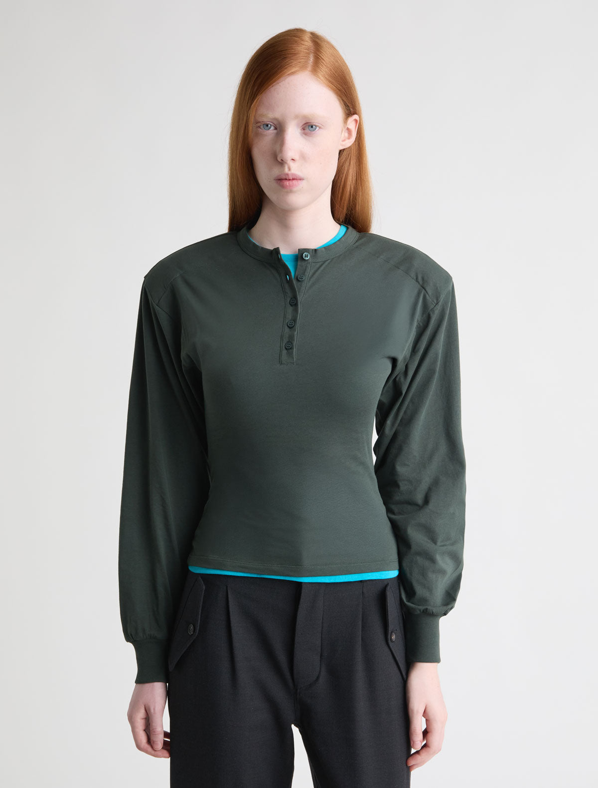 Ryno long sleeve top henley neckline shoulder pads khaki