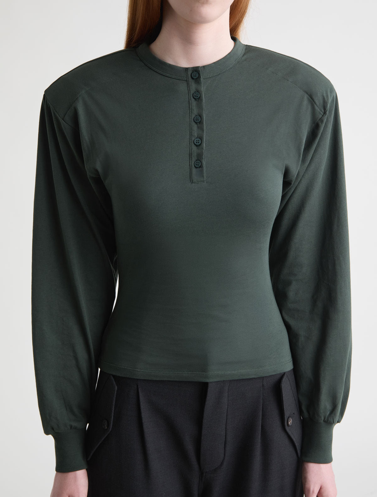 Ryno long sleeve top henley neckline shoulder pads khaki