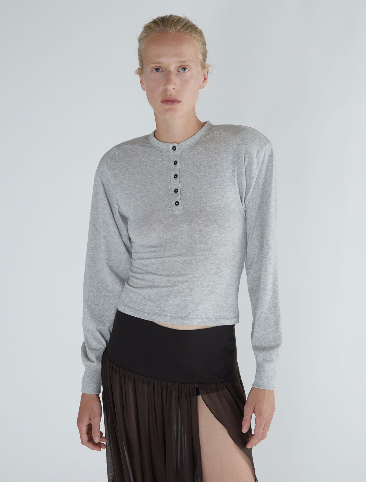 Ryno long sleeved top henley neckline shoulder pads grey