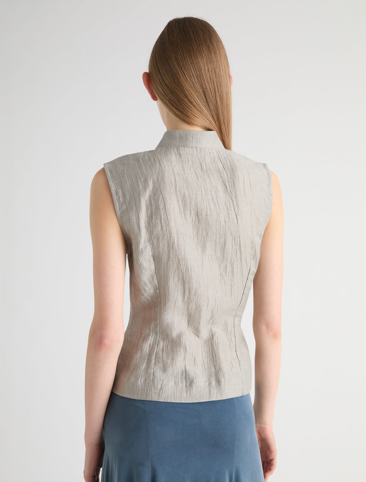 Sara high neck top wrap front button closure grey