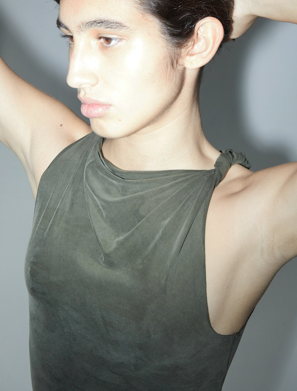 Lassie fitted sleeveless cupro top twisted strap khaki