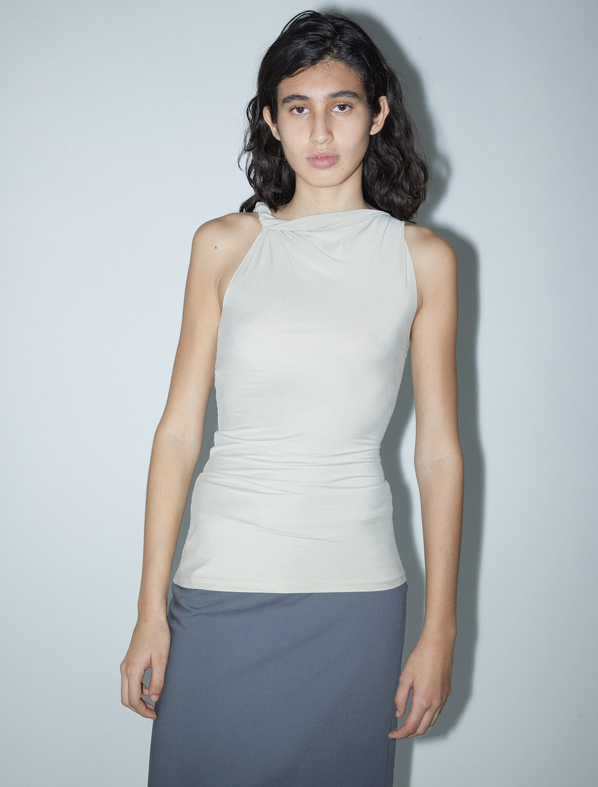 Lassie fitted sleeveless cupro top twisted strap ecru