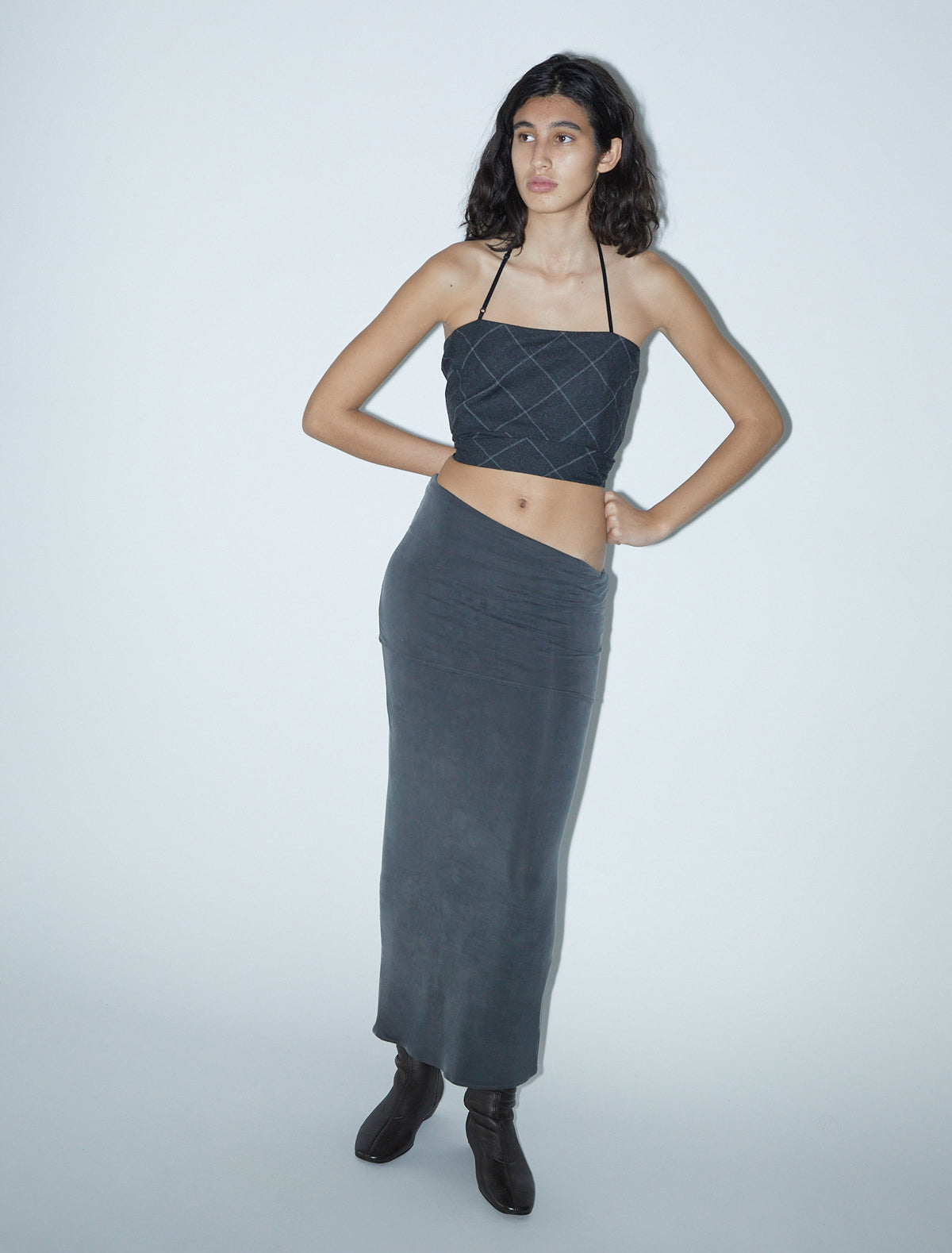 Lois fitted long cupro skirt ruched waistband grey