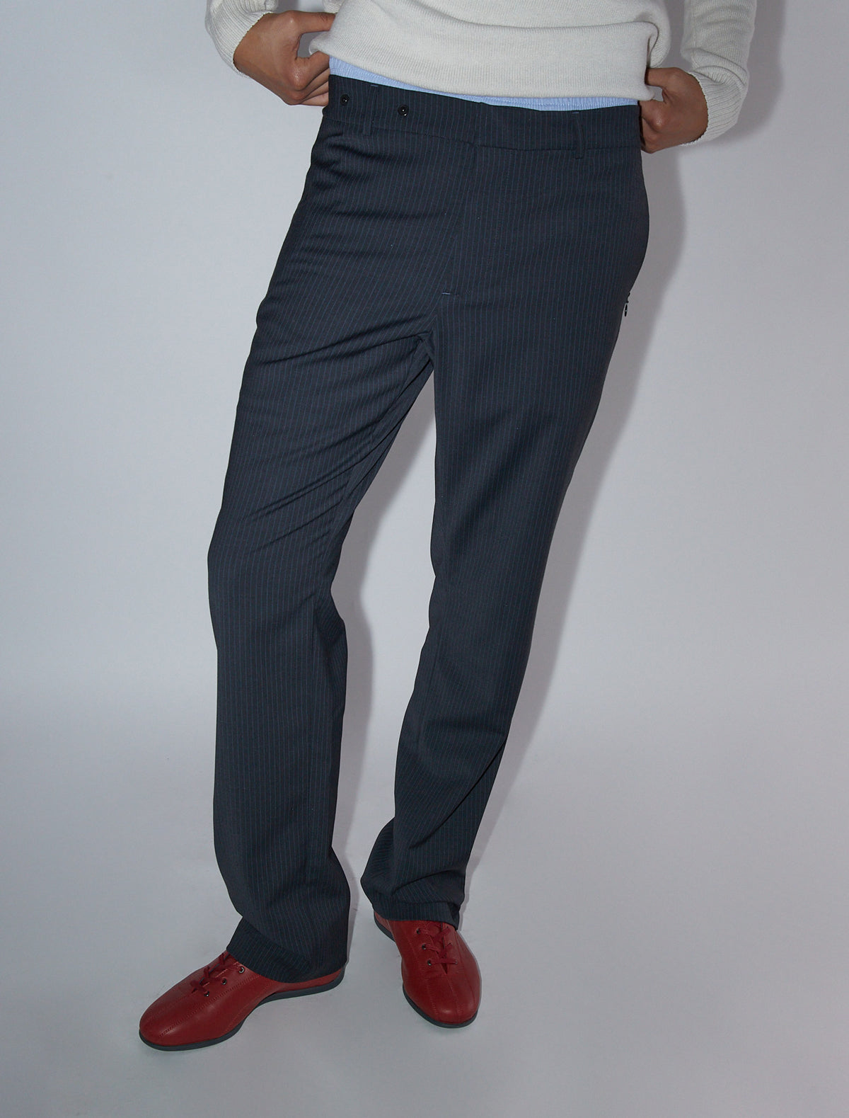 Serge men straight leg trousers waistband buttons