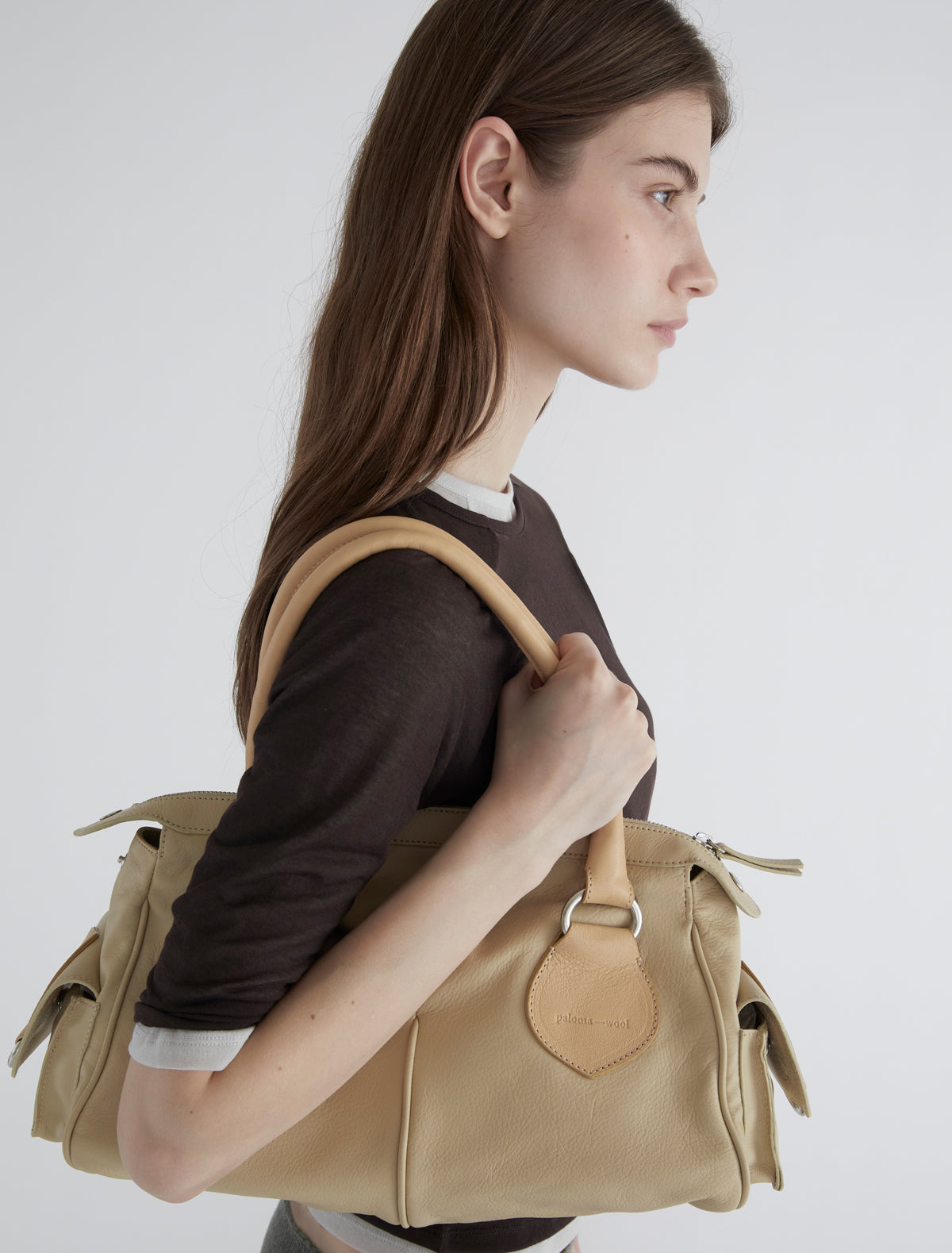 Tilda bowling style leather bag double handles beige
