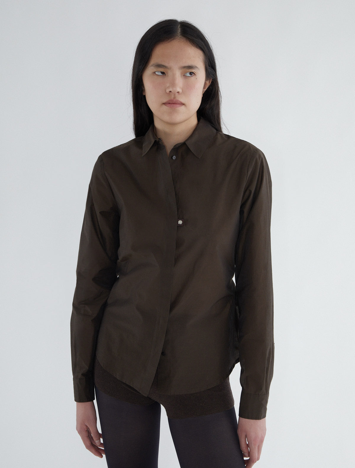 Ines cotton shirt ribbon tabs snap buttons brown